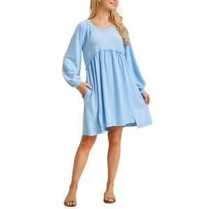 Heyson Baby Blue Babydoll Long Sleeve Ruffle Smocked Tiered Dress Pockets 1X NWT